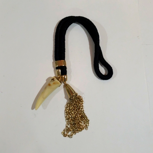 Edgy Gold Black Cord Necklace – Tassel & Faux Tooth Pendant Statement Jewelry - Picture 4 of 9